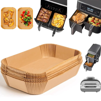 Backpapier Heißluftfritteuse Rechteckig 50 Stück – Airfryer Papier Einlagen 22×14×4,5 cm – Antihaft, Öl- & Wasserfest, bis 230°C hitzebeständig, Backofen, Mikrowelle & Grill geeignet